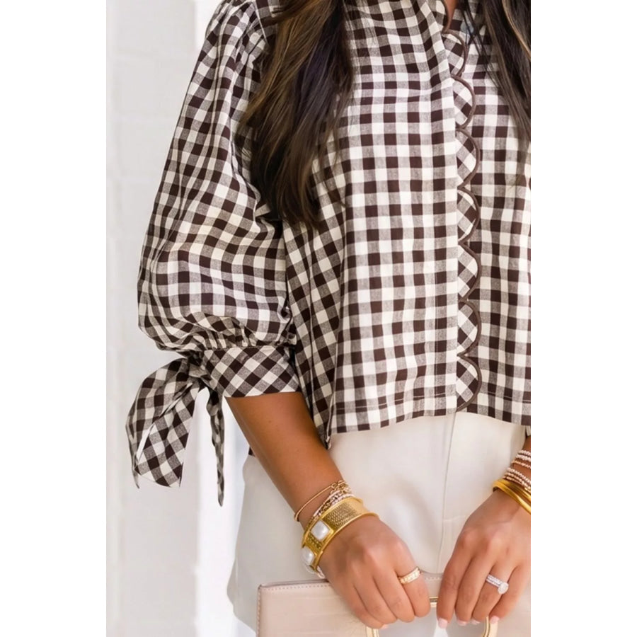 Gingham Scalloped Trim Tie Sleeve Shirt Apparel and Accessories