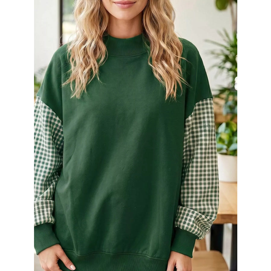 Gingham Sleeve Mock Neck Sweatshirt Apparel and Accessories