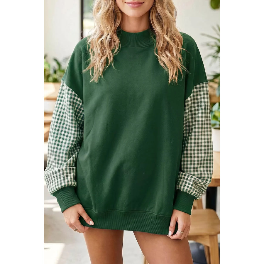 Gingham Sleeve Mock Neck Sweatshirt Dark Green / S Apparel and Accessories