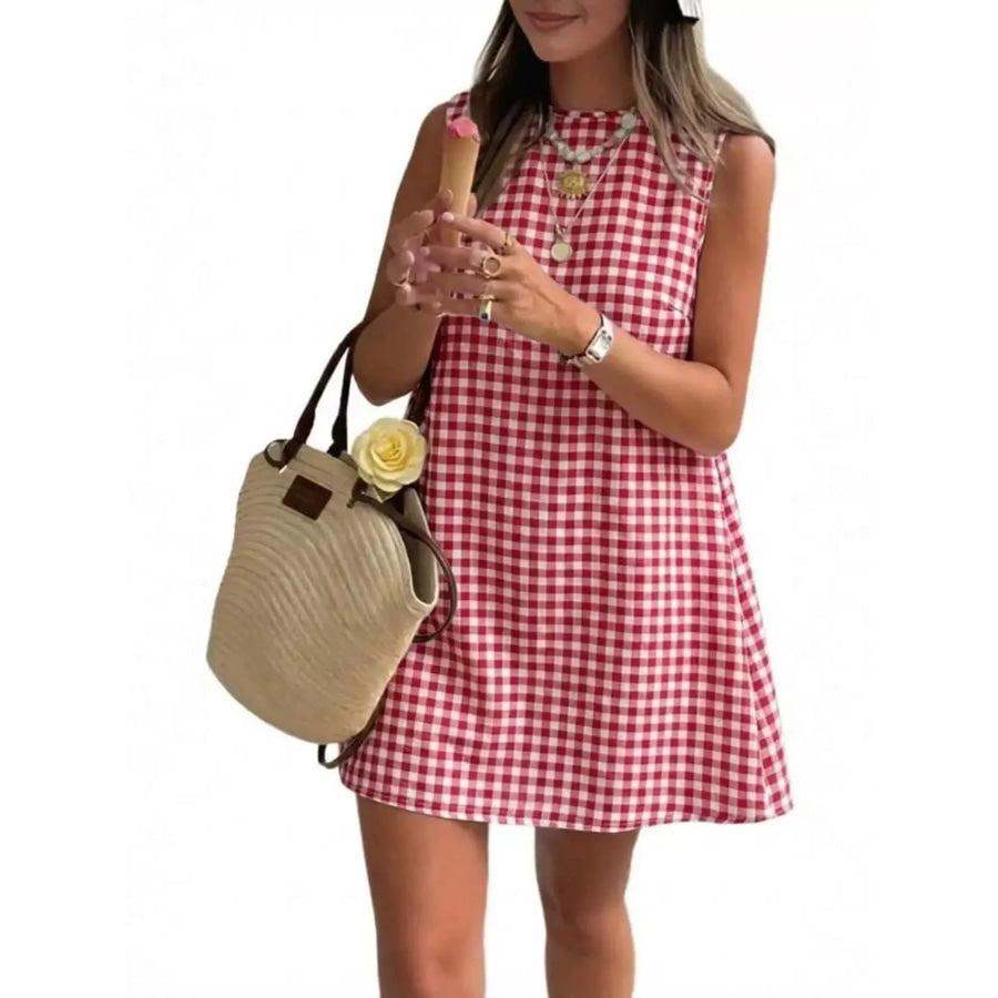 Gingham Sleeveless A-Line Mini Dress Red / S Apparel and Accessories