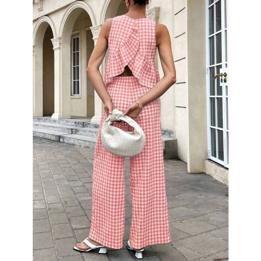 Gingham Sleeveless Top and Wide-Leg Pants Set Apparel Accessories