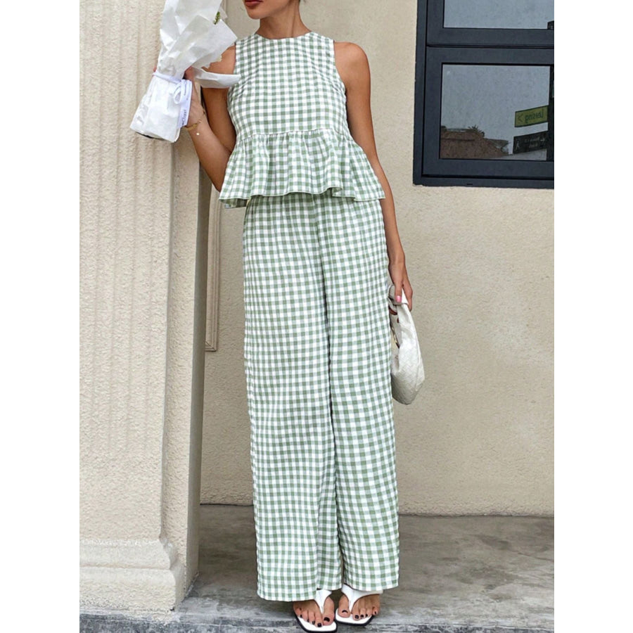 Gingham Sleeveless Top and Wide-Leg Pants Set Apparel Accessories