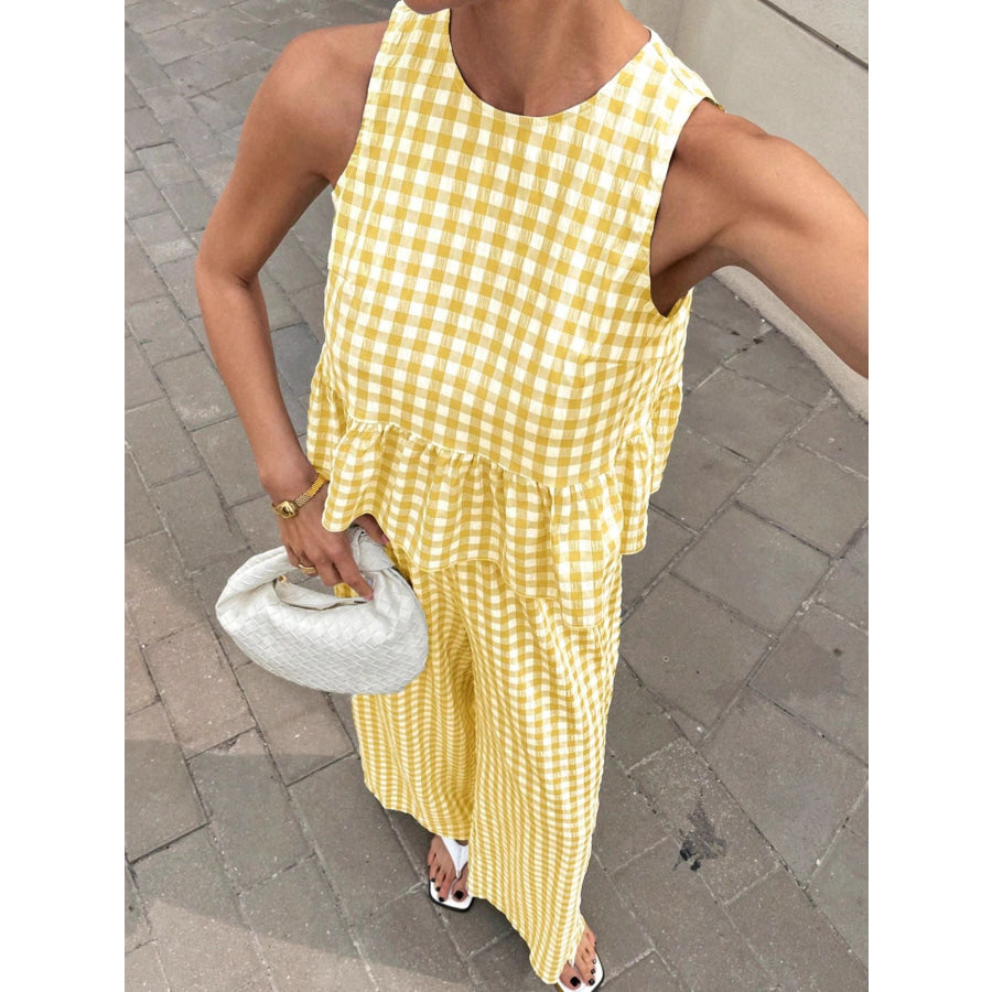 Gingham Sleeveless Top and Wide-Leg Pants Set Apparel Accessories