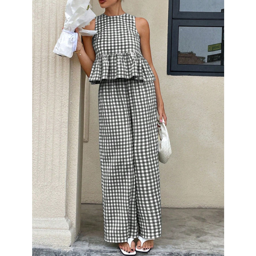 Gingham Sleeveless Top and Wide-Leg Pants Set Apparel Accessories