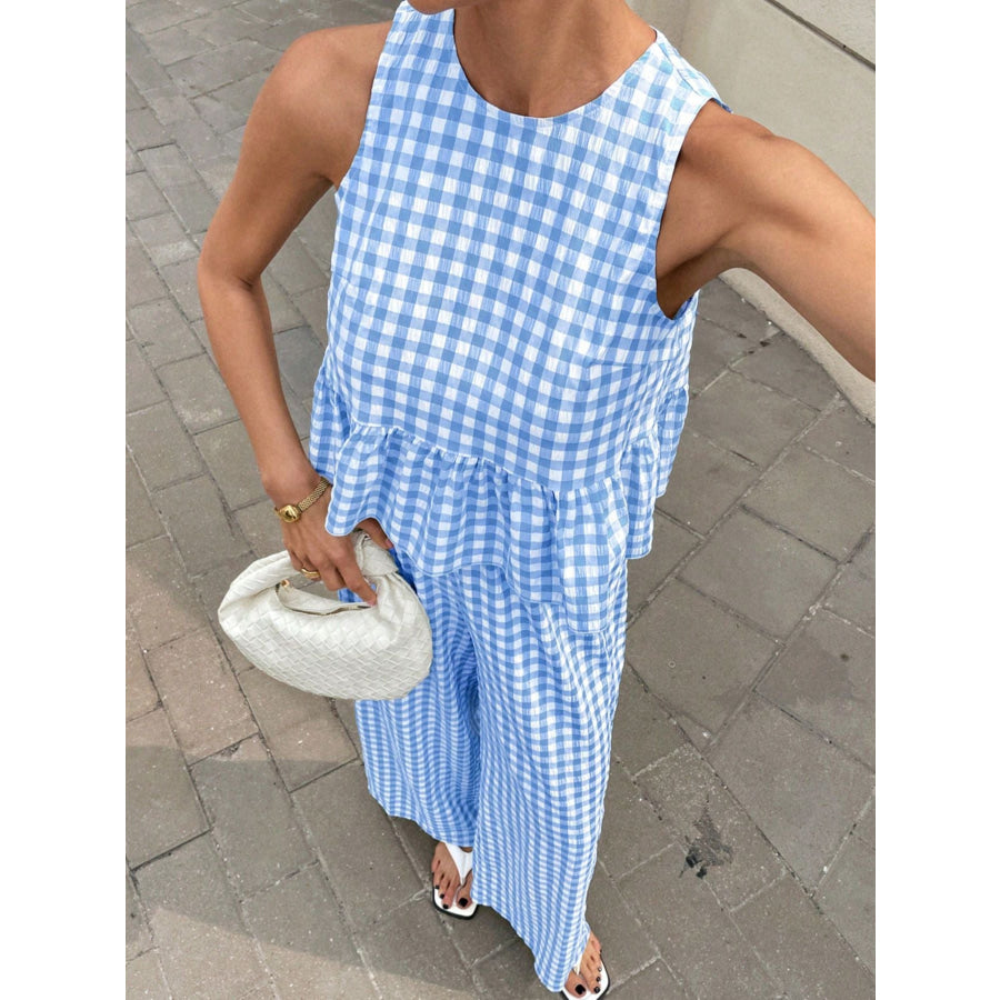 Gingham Sleeveless Top and Wide-Leg Pants Set Apparel Accessories