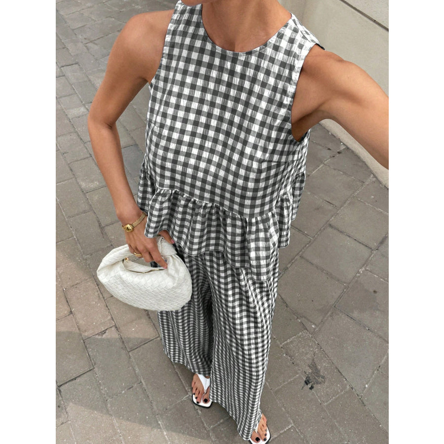 Gingham Sleeveless Top and Wide-Leg Pants Set Apparel Accessories