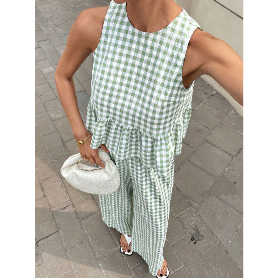 Gingham Sleeveless Top and Wide-Leg Pants Set Apparel Accessories