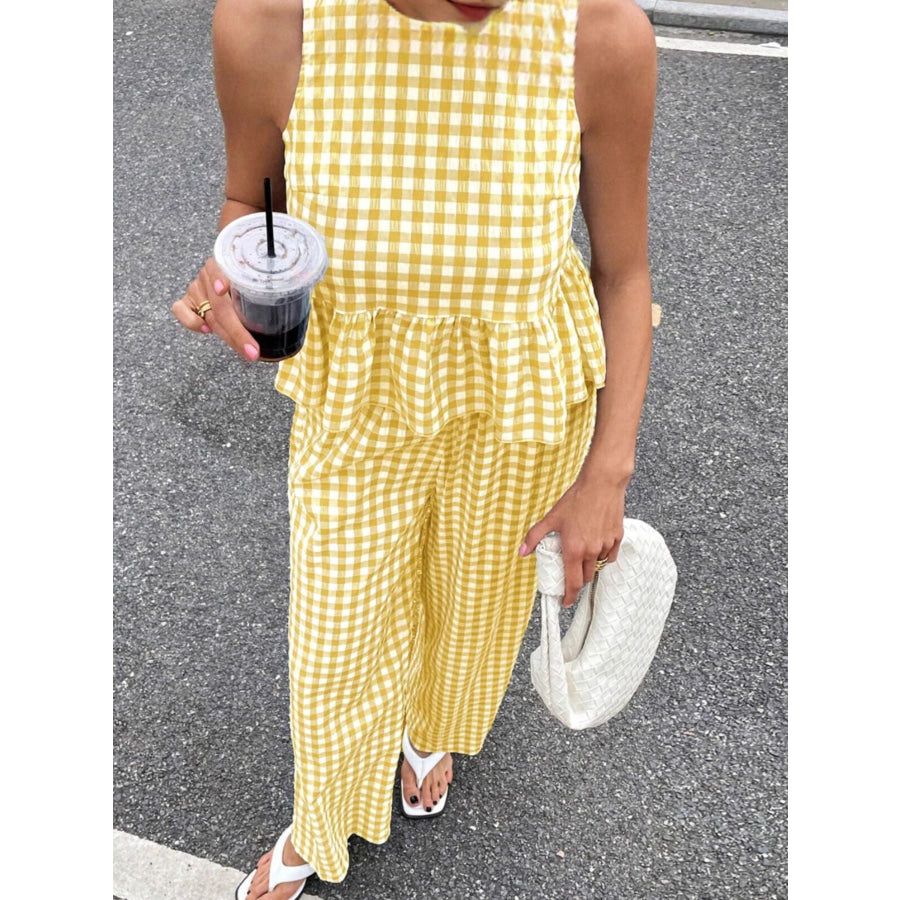 Gingham Sleeveless Top and Wide-Leg Pants Set Apparel Accessories
