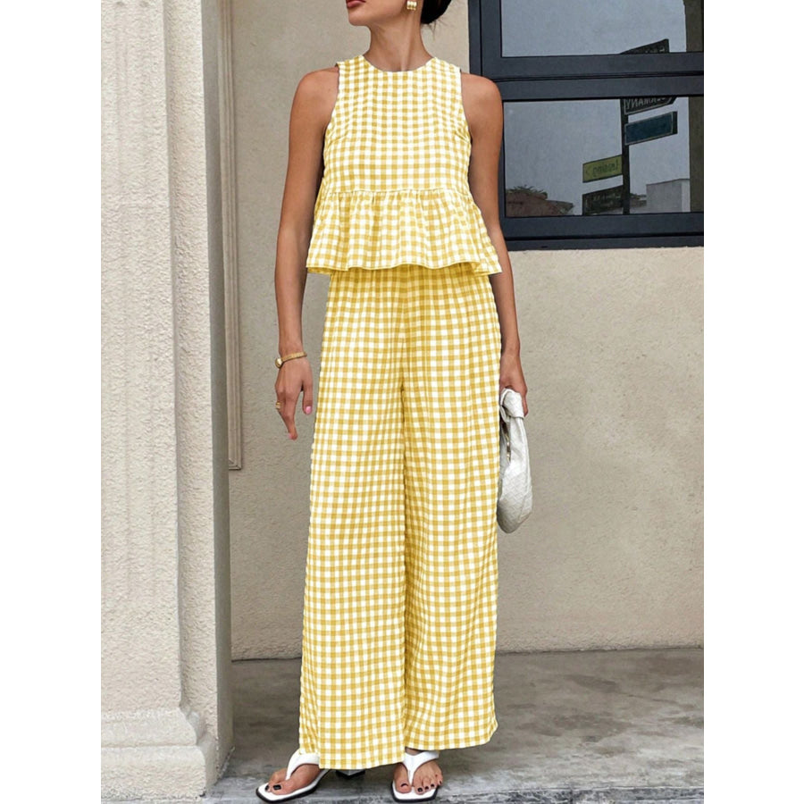 Gingham Sleeveless Top and Wide-Leg Pants Set Apparel Accessories