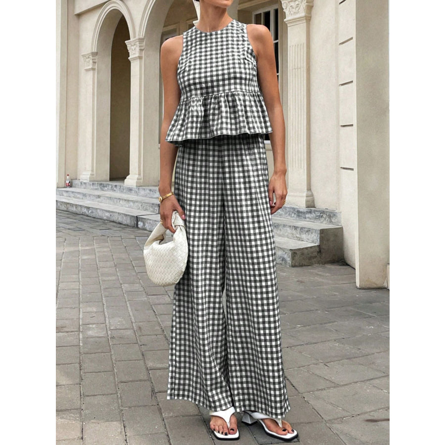 Gingham Sleeveless Top and Wide-Leg Pants Set Apparel Accessories