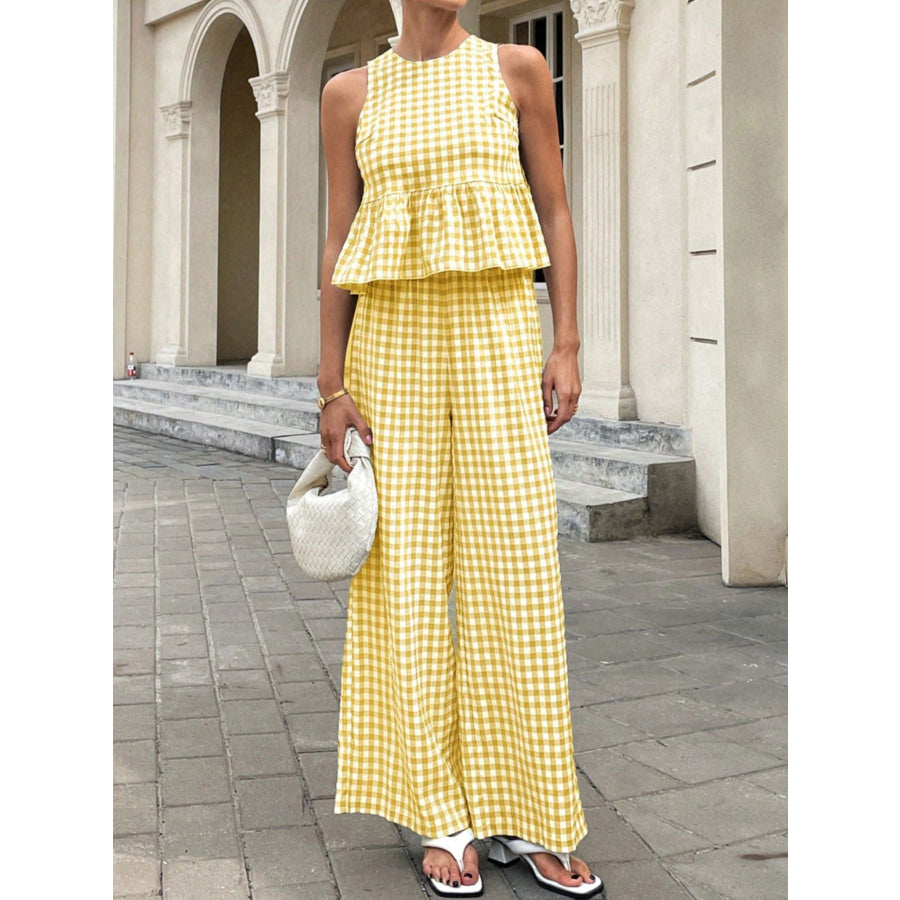 Gingham Sleeveless Top and Wide-Leg Pants Set Apparel Accessories