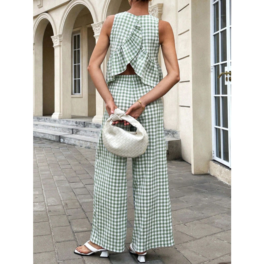 Gingham Sleeveless Top and Wide-Leg Pants Set Apparel Accessories