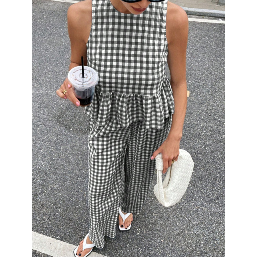 Gingham Sleeveless Top and Wide-Leg Pants Set Apparel Accessories