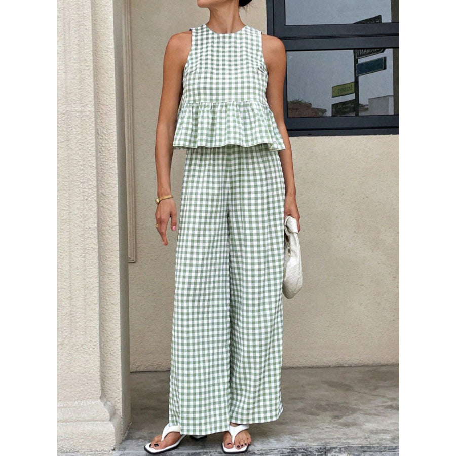 Gingham Sleeveless Top and Wide-Leg Pants Set Apparel Accessories
