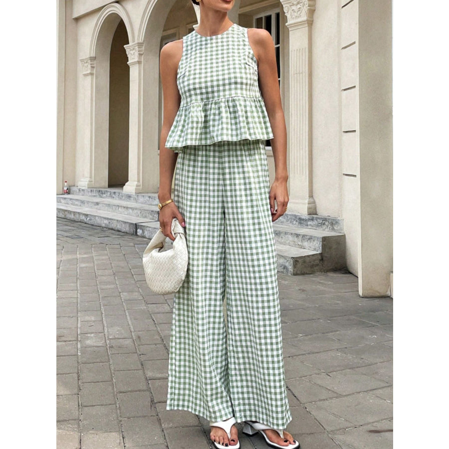 Gingham Sleeveless Top and Wide-Leg Pants Set Bean Green / S Apparel Accessories