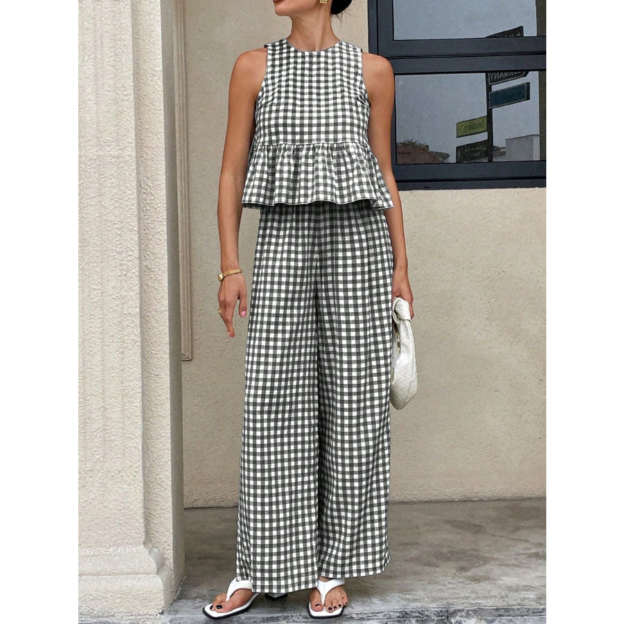 Gingham Sleeveless Top and Wide-Leg Pants Set Black / S Apparel Accessories