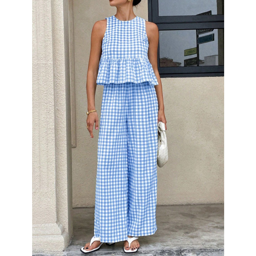 Gingham Sleeveless Top and Wide-Leg Pants Set Blue / S Apparel Accessories