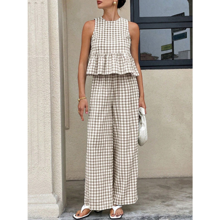 Gingham Sleeveless Top and Wide-Leg Pants Set Brown / S Apparel Accessories