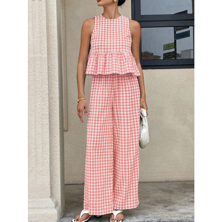 Gingham Sleeveless Top and Wide-Leg Pants Set Pink / S Apparel Accessories