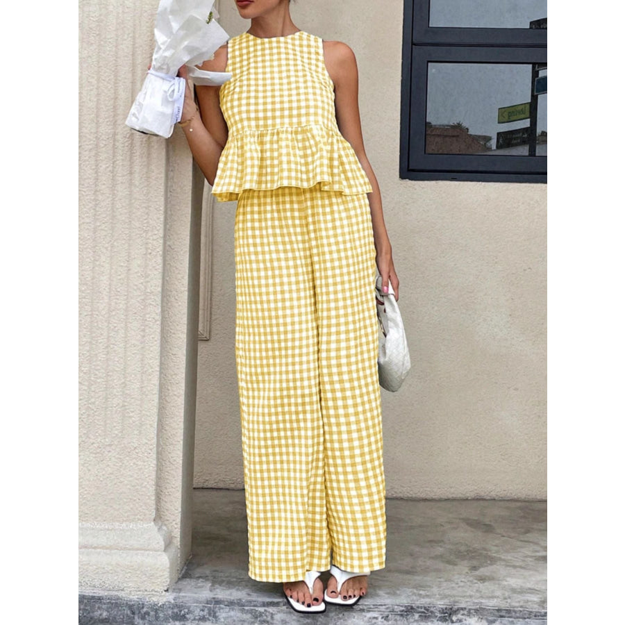Gingham Sleeveless Top and Wide-Leg Pants Set Yellow / S Apparel Accessories