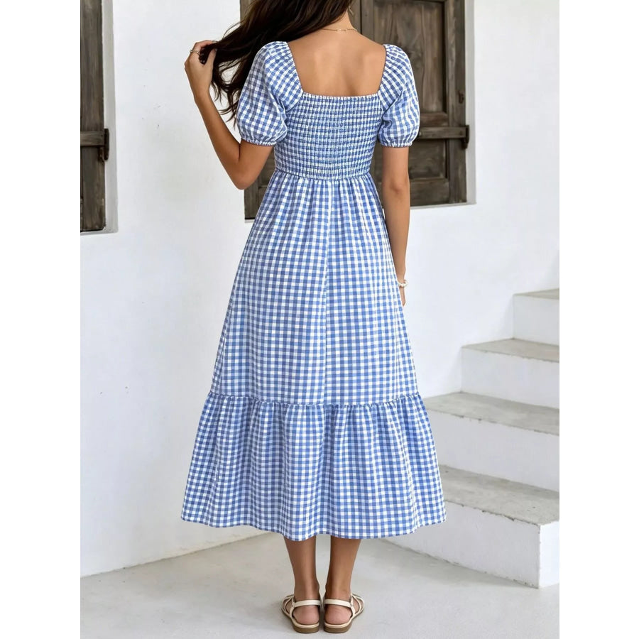 Gingham Smocked Puff Sleeve Midi Dress Apparel and Accessories