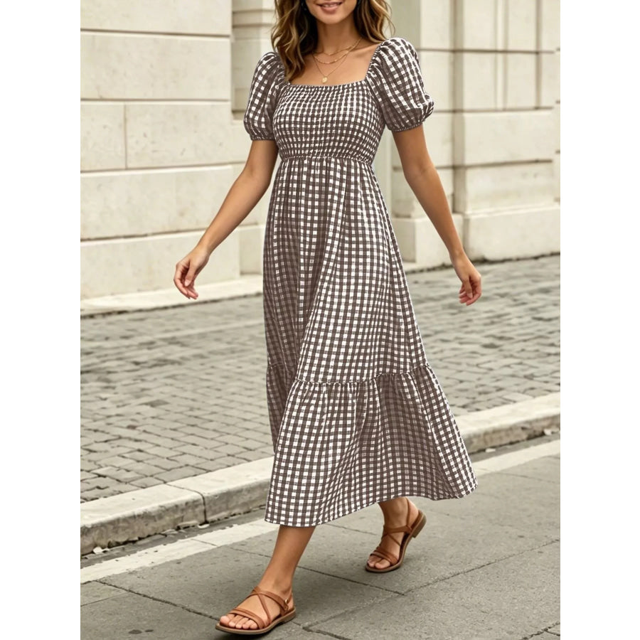 Gingham Smocked Puff Sleeve Midi Dress Apparel and Accessories