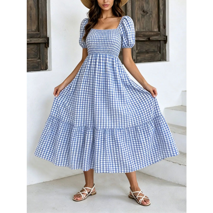 Gingham Smocked Puff Sleeve Midi Dress Sky Blue / S Apparel and Accessories