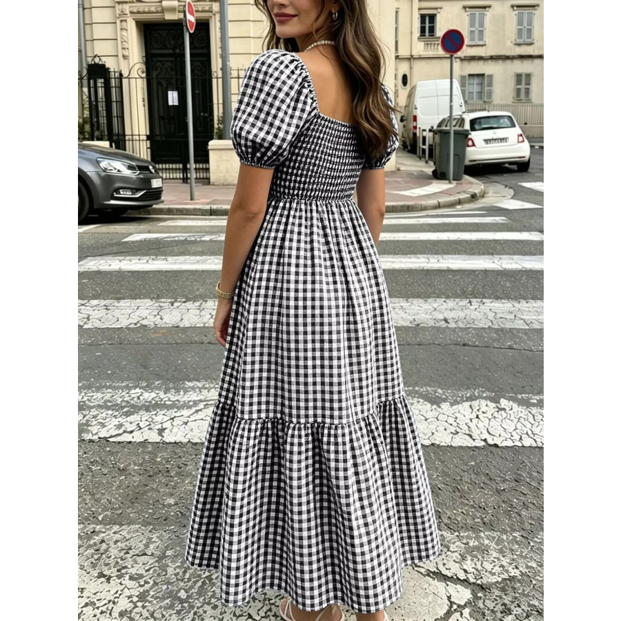 Gingham Smocked Puff Sleeve Midi Dress Apparel and Accessories