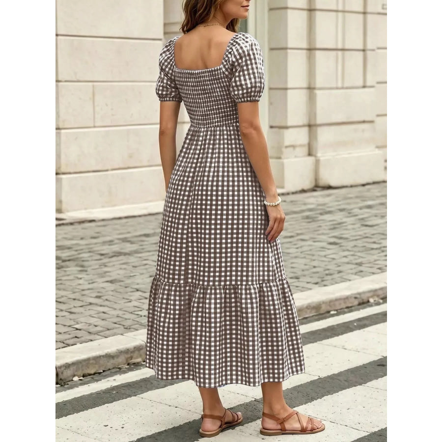 Gingham Smocked Puff Sleeve Midi Dress Apparel and Accessories