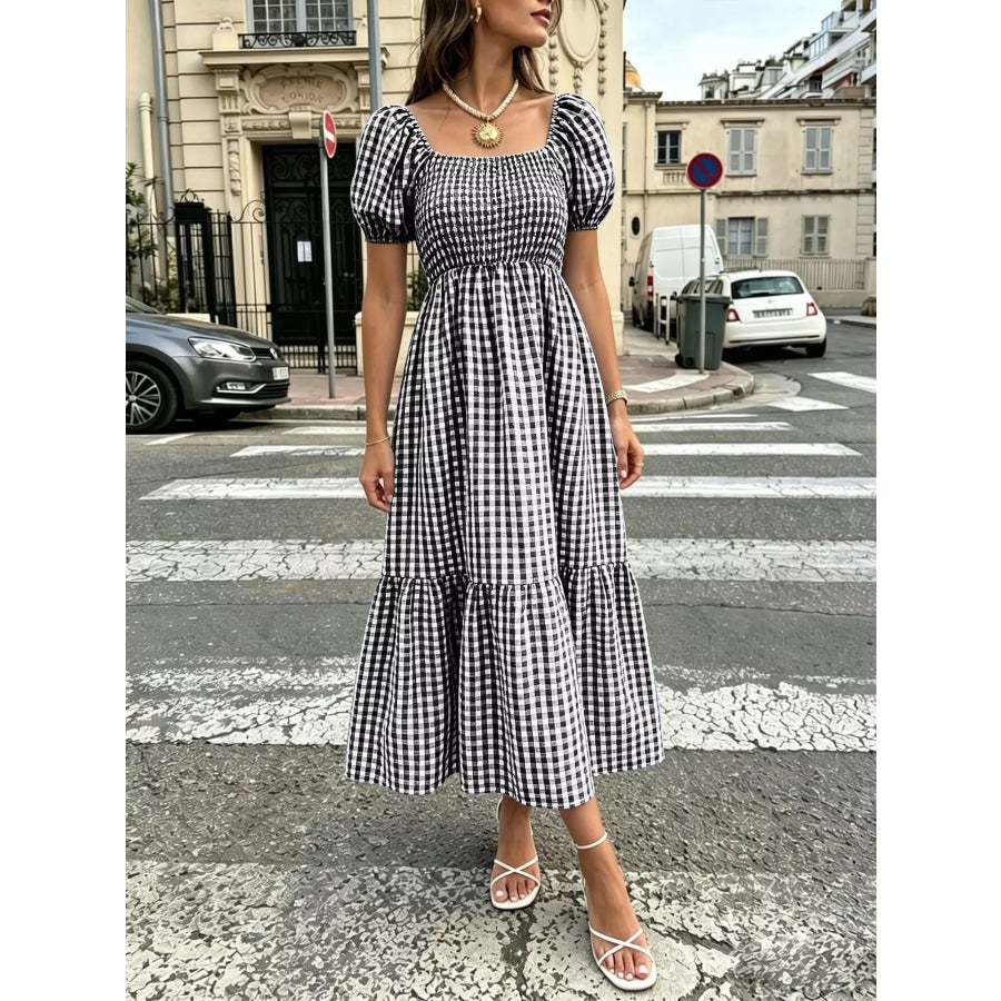 Gingham Smocked Puff Sleeve Midi Dress Apparel and Accessories