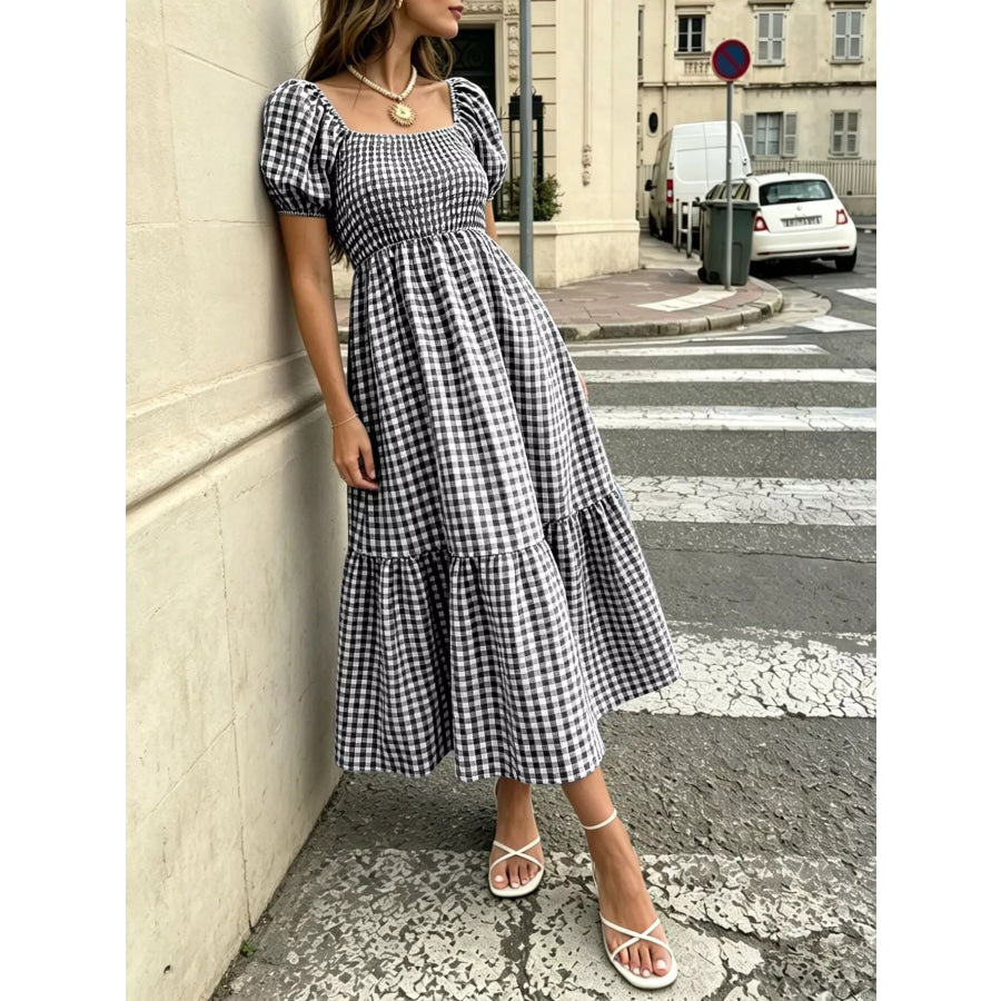 Gingham Smocked Puff Sleeve Midi Dress Black / S Apparel and Accessories