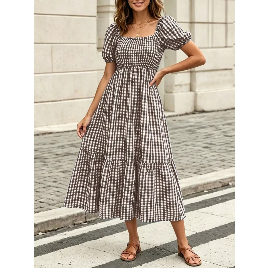 Gingham Smocked Puff Sleeve Midi Dress Brown / S Apparel and Accessories
