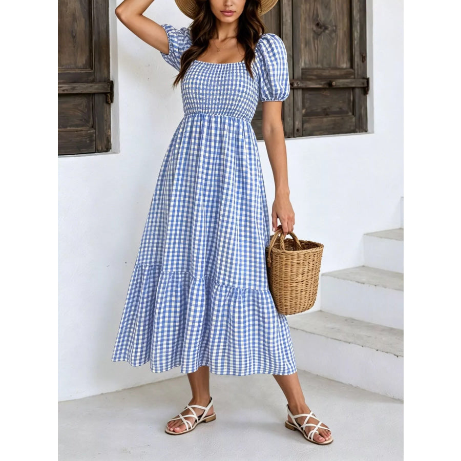 Gingham Smocked Puff Sleeve Midi Dress Sky Blue / S Apparel and Accessories
