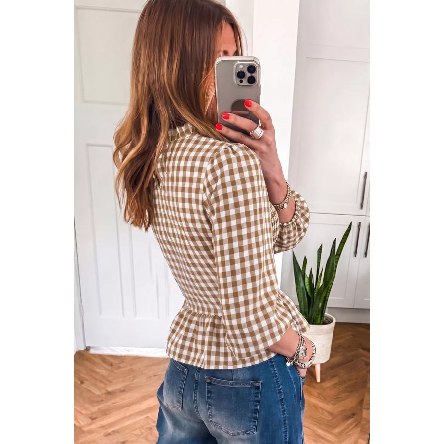 Gingham Smocked Ruffled Hem Blouse Apparel and Accessories
