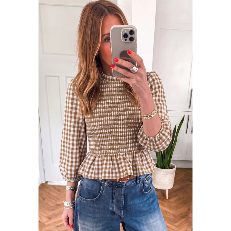 Gingham Smocked Ruffled Hem Blouse Apparel and Accessories
