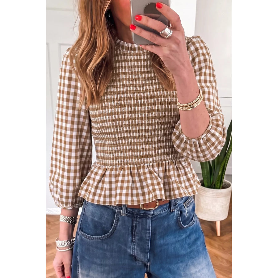Gingham Smocked Ruffled Hem Blouse Mocha / S Apparel and Accessories