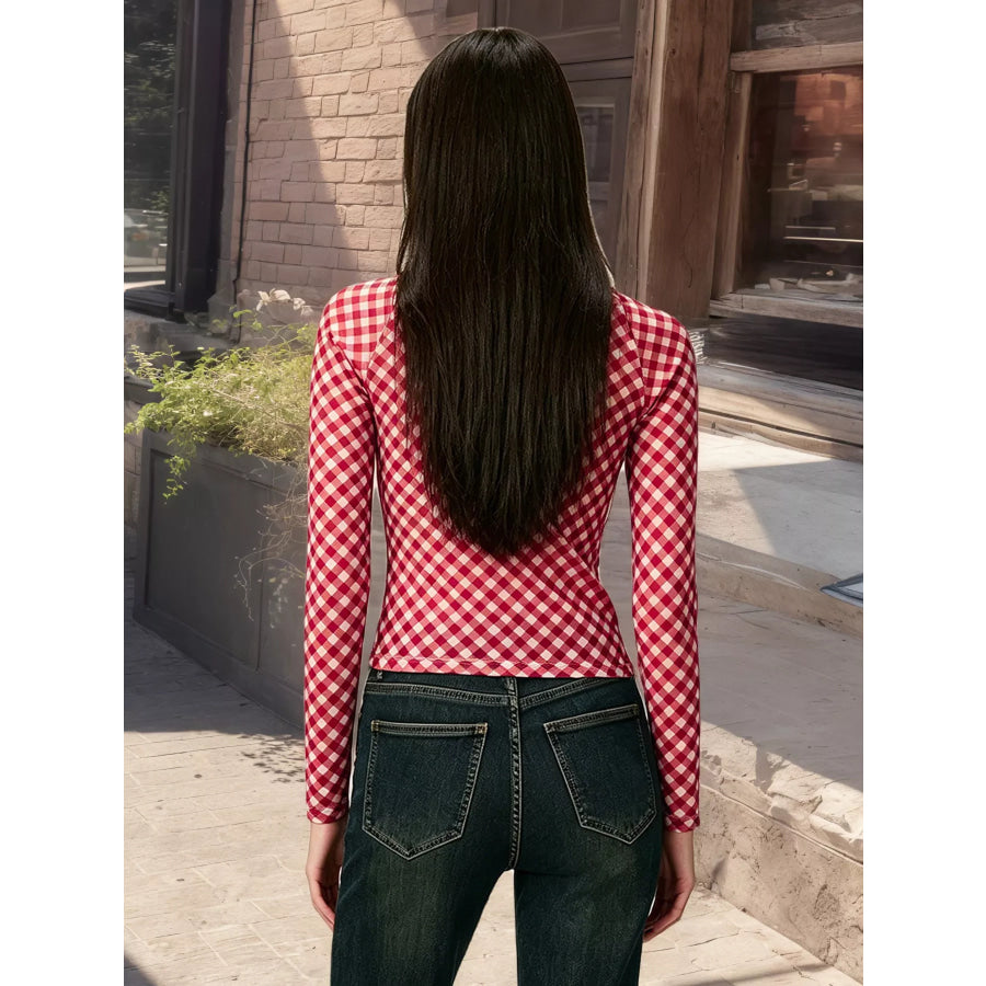 Gingham Tie Front Long Sleeve Blouse Apparel and Accessories