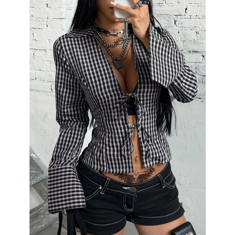 Gingham Tie-Front Long Sleeve Blouse Apparel and Accessories