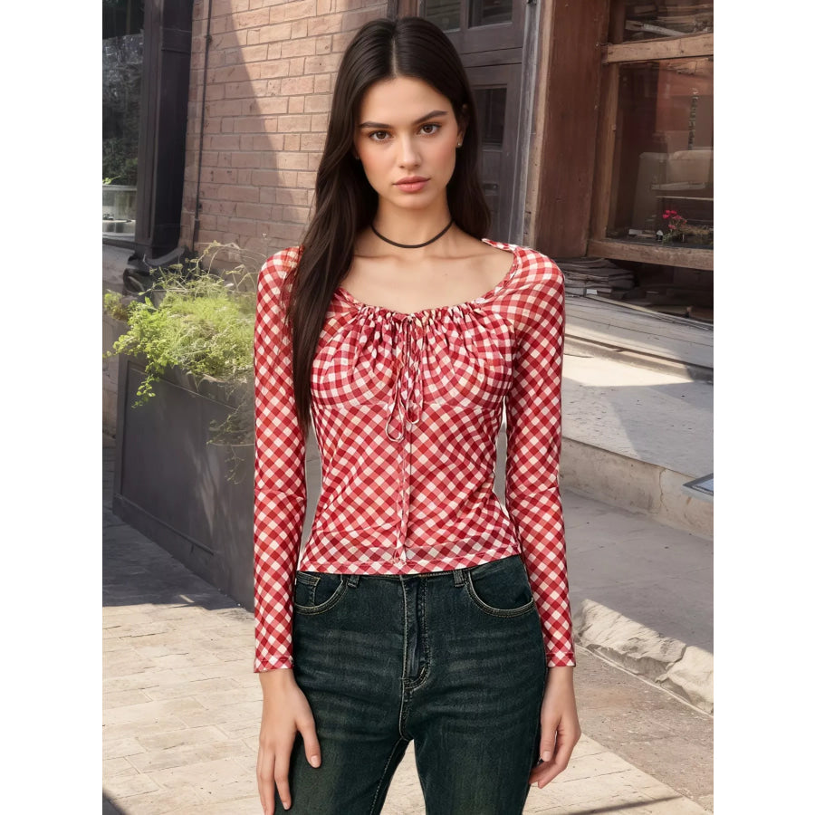 Gingham Tie Front Long Sleeve Blouse Apparel and Accessories