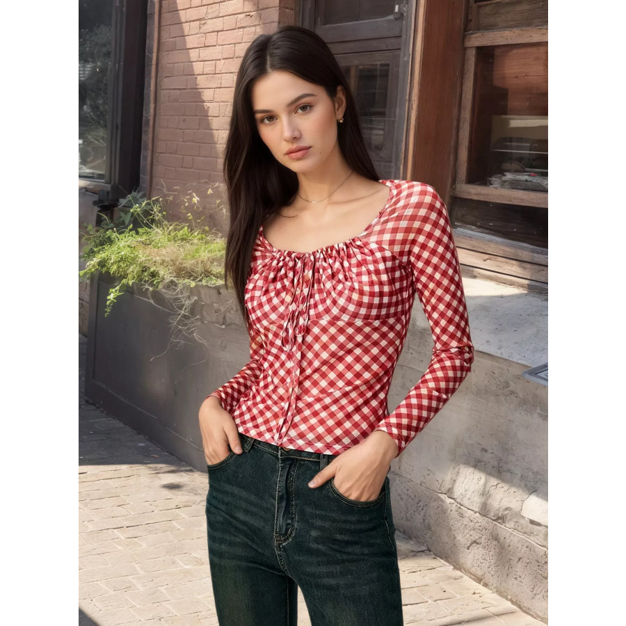 Gingham Tie Front Long Sleeve Blouse Apparel and Accessories