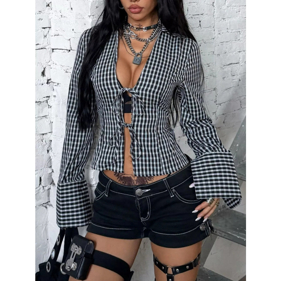 Gingham Tie-Front Long Sleeve Blouse Black / S Apparel and Accessories