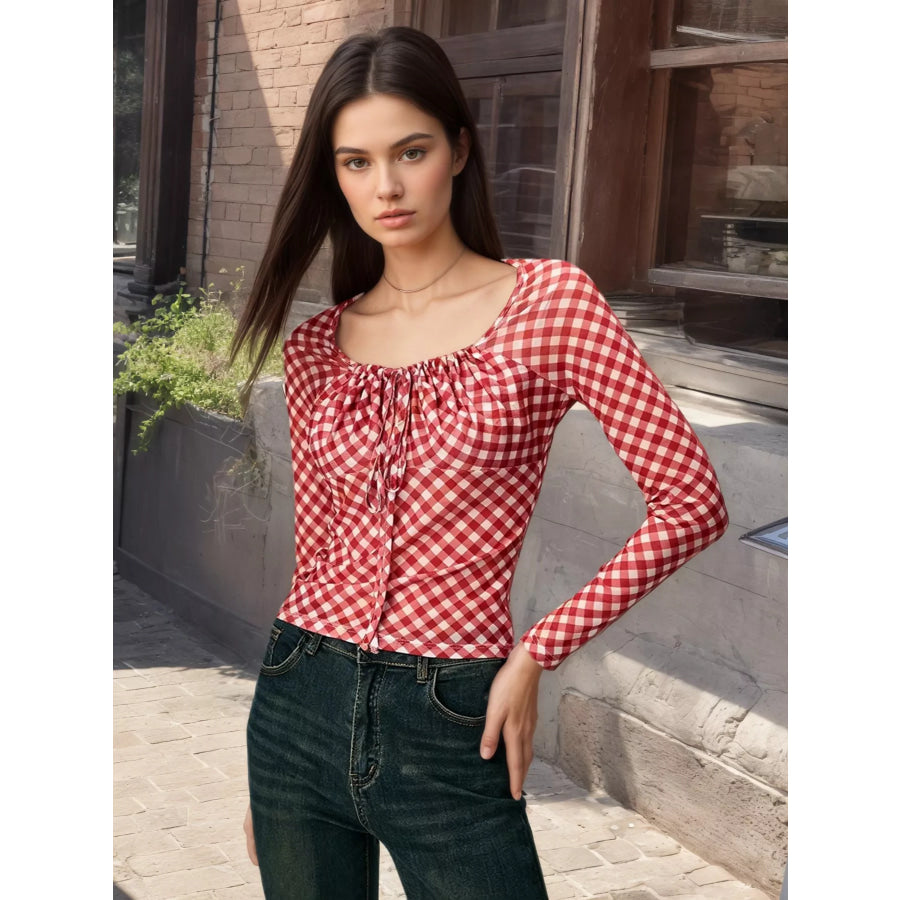 Gingham Tie Front Long Sleeve Blouse Red / S Apparel and Accessories