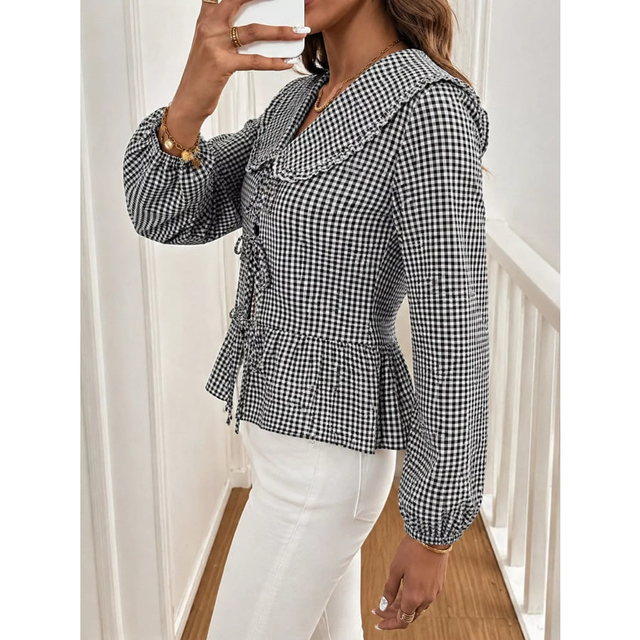 Gingham Tie-Front Peplum Blouse Apparel and Accessories