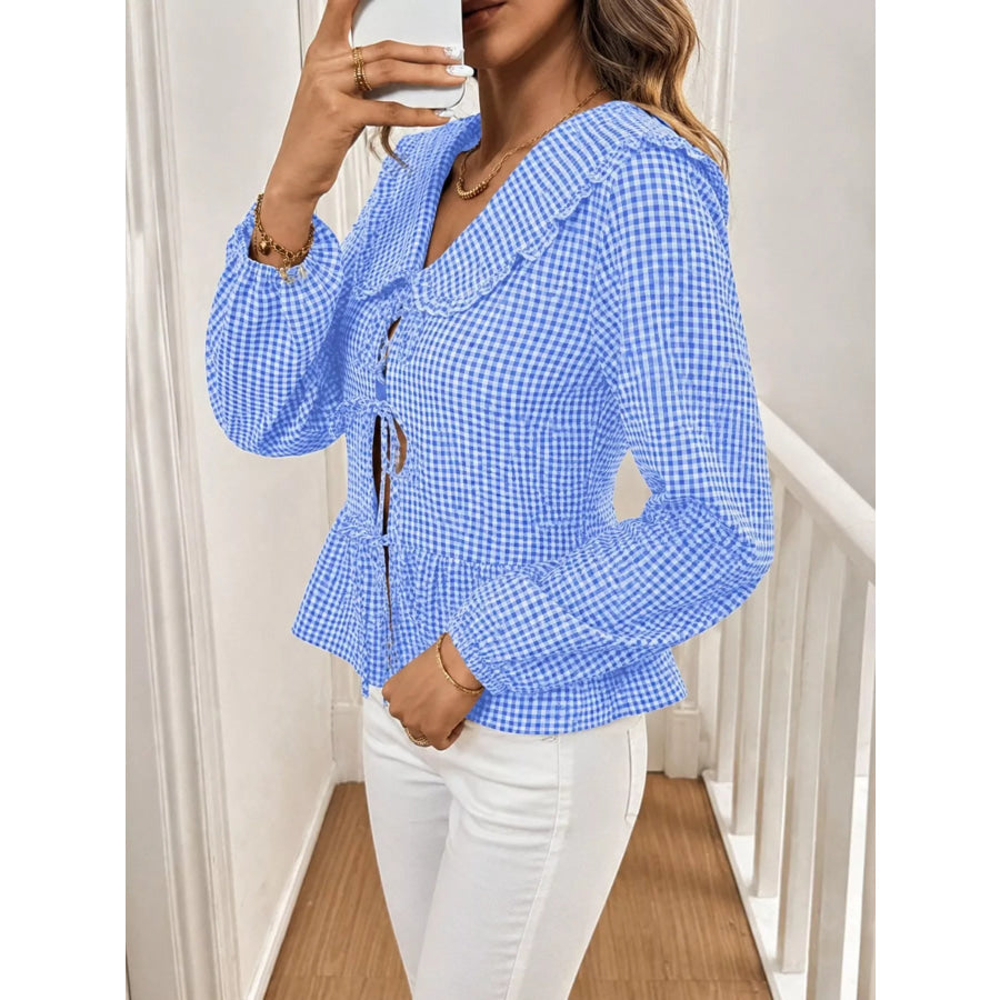 Gingham Tie-Front Peplum Blouse Apparel and Accessories