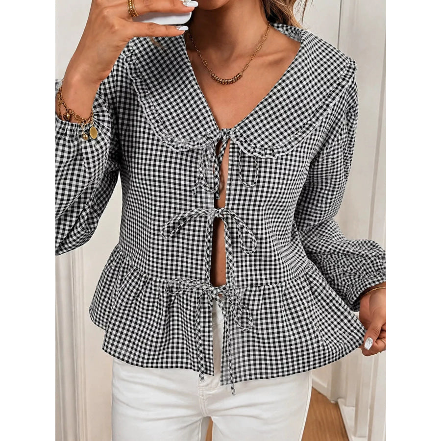 Gingham Tie-Front Peplum Blouse Black / S Apparel and Accessories