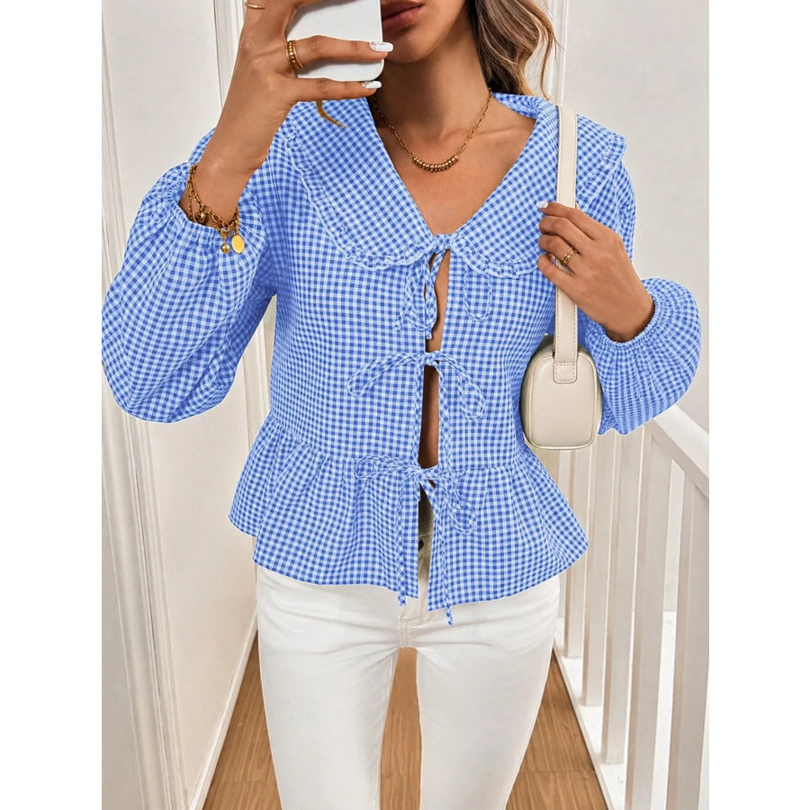 Gingham Tie-Front Peplum Blouse Blue / S Apparel and Accessories