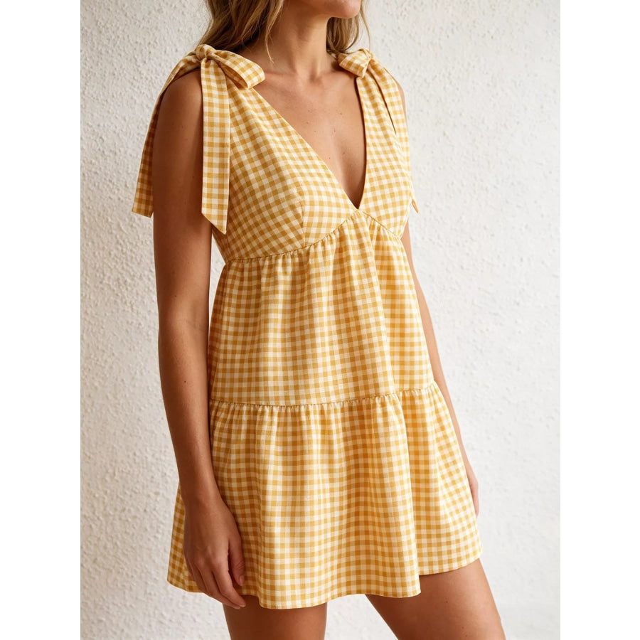 Gingham Tie-Shoulder Mini Dress Apparel and Accessories