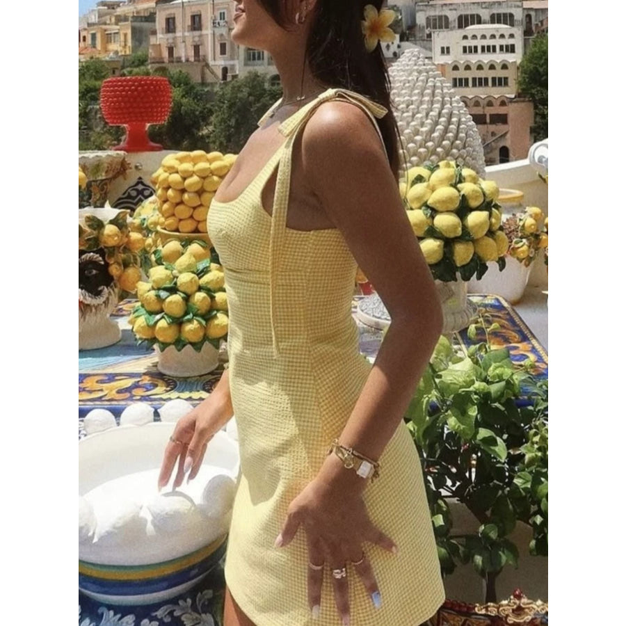 Gingham Tie-Shoulder Mini Dress Pastel Yellow / S Apparel and Accessories