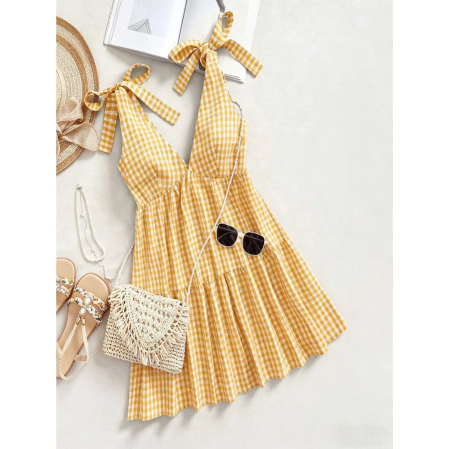 Gingham Tie-Shoulder Mini Dress Apparel and Accessories