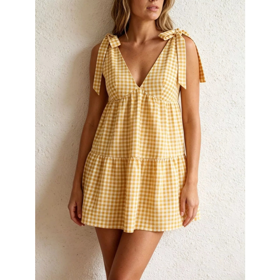 Gingham Tie-Shoulder Mini Dress Yellow / XS Apparel and Accessories